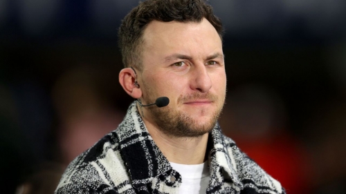 Football quarterback Johnny Manziel speaks on-set prior to the SEC Championship game between the LSU Tigers and the Georgia Bulldogs at Mercedes-Benz Stadium in Atlanta, Georgia, on December 03, 2022.