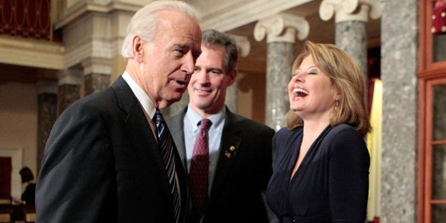 Gail Huff (R), wife of U.S. Senator Scott Brown (R-MA) (C), and Joe Biden (L)