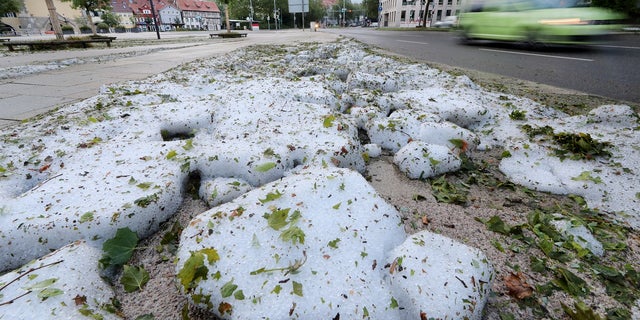 Hail stones on ground