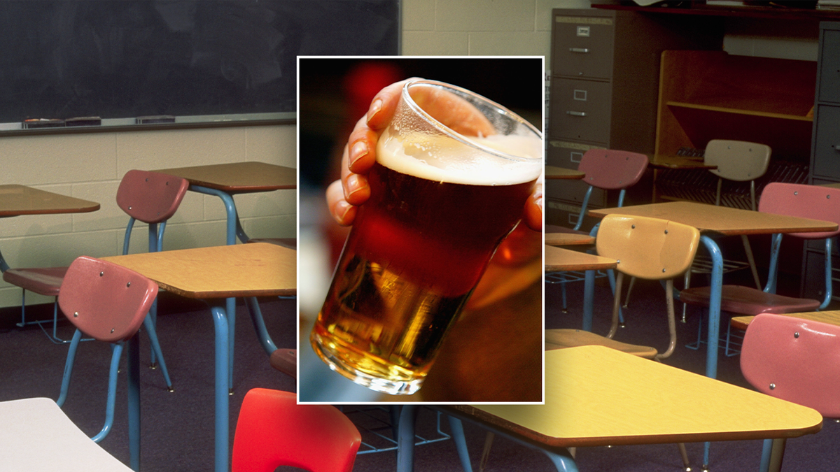 inset: pint of beer; empty classroom desks and chairs background