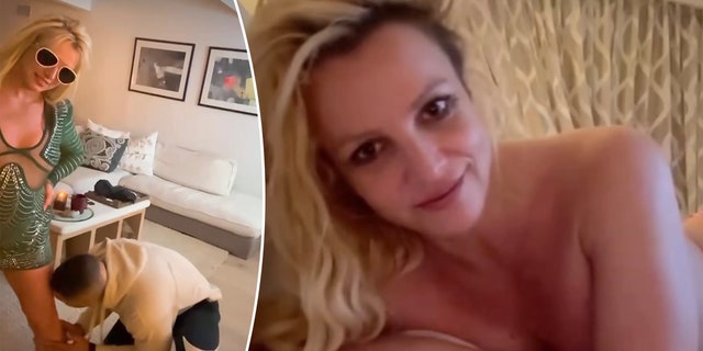 Britney Spears in a green dress poses with her hands on her hips as a man in a tan sweatshirt pretends to lick her leg split Britney Spears topless in her sheets soft smiling