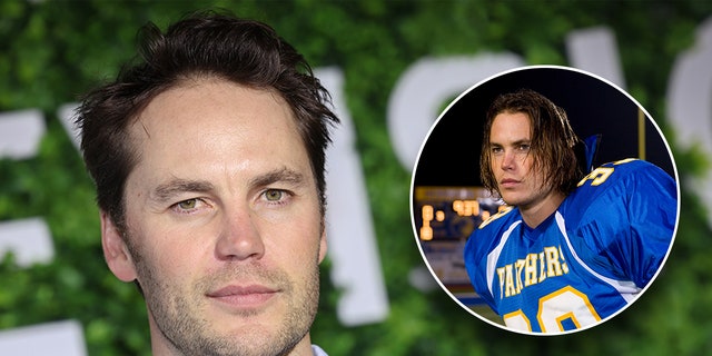 Taylor Kitsch in a blue button down shirt on the carpet inset a photo of him as Tim Riggins in a blue football uniform in "Friday Night LIghts"