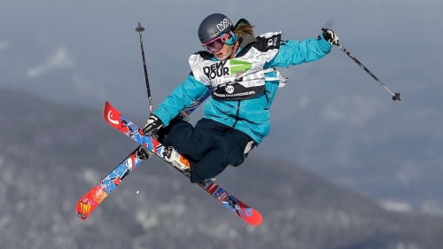 Jamie MoCrazy competes in the slope style freestyle skiing final at the Dew Tour iON Mountain Championships on December. 14, 2013. 