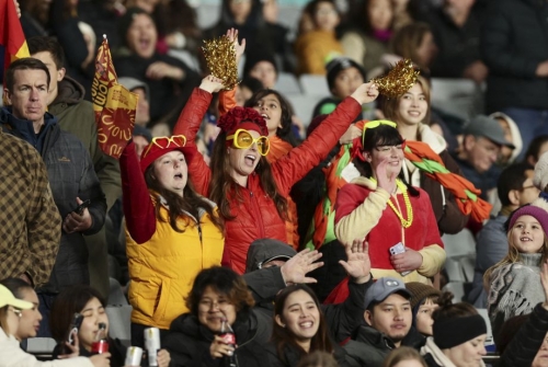 Spain fans enjoy the Zambia match at Eden Park in Auckland, New Zealand.