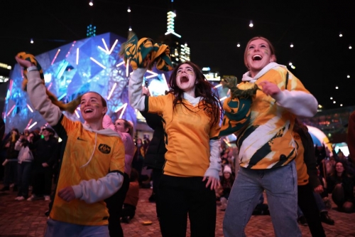Fans in Melbourne celebrate as they watch the match between Australia and Ireland.