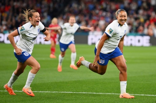 Lauren James celebrates after scoring against Denmark.