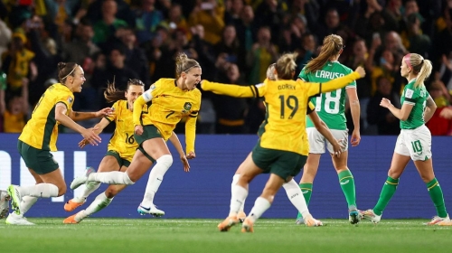 Australia's Steph Catley, third from left, celebrates scoring her team's only goal against Ireland on June 20. Australia won 1-0 in Sydney.