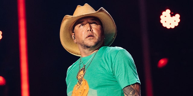Country singer Jason Aldean performs on stage in cowboy hat and green shirt