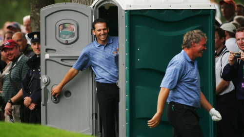KILDARE, IRELAND - SEPTEMBER 21:  Sergio Garcia (L) of Europe has a laugh with team mate Darren Clarke from a portable building on the 9th hole during the third official practice day of the 2006 Ryder Cup at The K Club on September 21, 2006 in Straffan, Co. Kildare, Ireland.  (Photo by Andrew Redington/Getty Images)