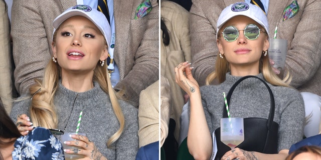Ariana Grande wears grey sweater and white hat at Wimbledon tennis match
