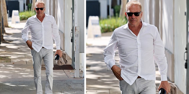 Kevin Costner relaxed white shirt and jeans for divorce meeting in Santa Barbara