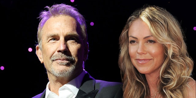 Kevin Costner wears black suit to awards benefit, Christine Baumgartner smiles on red carpet