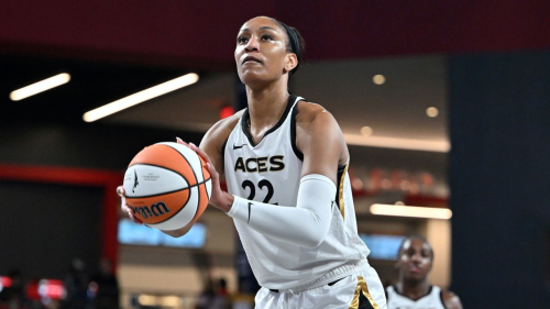 COLLEGE PARK, GA - AUGUST 22: A'ja Wilson #22 of the Las Vegas Aces prepares to shoot a free throw during the game against the Atlanta Dream on August 22, 2023 at Gateway Center Arena in College Park, Georgia. NOTE TO USER: User expressly acknowledges and agrees that, by downloading and or using this photograph, User is consenting to the terms and conditions of the Getty Images License Agreement. Mandatory Copyright Notice: Copyright 2023 NBAE (Photo by Derek White/NBAE via Getty Images)
