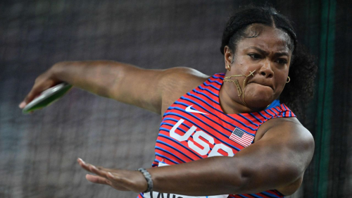 USA's Laulauga Tausaga competes in the women's discus throw final during the World Athletics Championships at the National Athletics Centre in Budapest on August 22, 2023. (Photo by Ben Stansall / AFP) (Photo by BEN STANSALL/AFP via Getty Images)