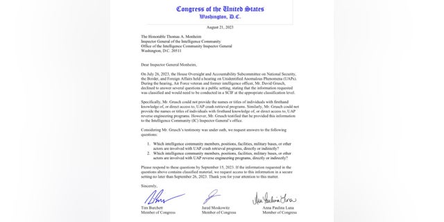 House of Representatives UFO letter to inspector general