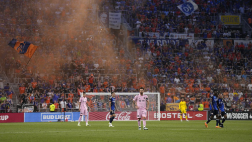 Lionel Messi #10 of Inter Miami stands on the pitch during a stoppage in play in the second half against FC Cincinnati.