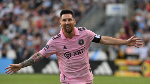 Inter Miami's Argentine forward #10 Lionel Messi celebrates scoring during the CONCACAF Leagues Cup semifinal football match between Inter Miami and Philadelphia Union at Subaru Park Stadium in Chester, Pennsylvania, on August 15, 2023.