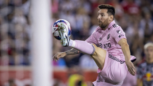 HARRISON, NEW JERSEY - AUGUST 26: Lionel Messi #10 of Inter Miami tries to kick the ball into the goal in the second half of the Major League Soccer match against the New York Red Bulls at Red Bull Arena on August 26, 2023 in Harrison, New Jersey. (Photo by Ira L. Black - Corbis/Getty Images)