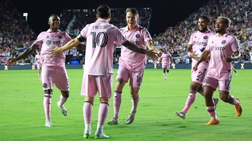 FORT LAUDERDALE, FLORIDA - AUGUST 02: Lionel Messi #10 of Inter Miami CF celebrates with teammates after scoring a goal in the first half during the Leagues Cup 2023 Round of 32 match between Orlando City SC and Inter Miami CF at DRV PNK Stadium on August 02, 2023 in Fort Lauderdale, Florida. (Photo by Mike Ehrmann/Getty Images)
