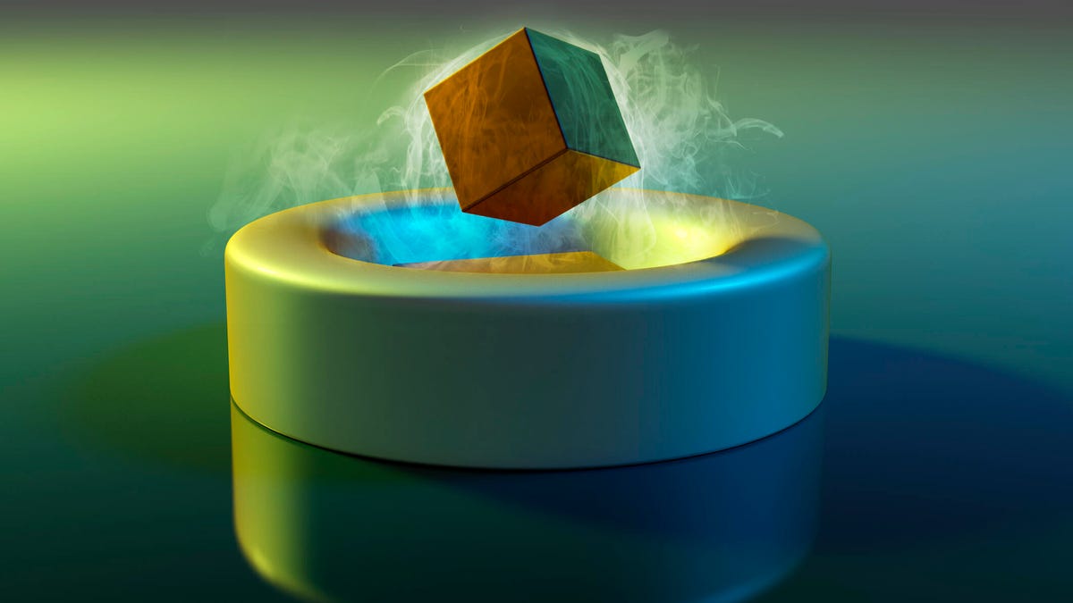 Illustration of a magnet floating above a superconductor