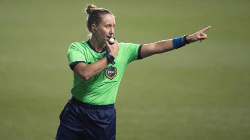 May 12, 2021; Chester, Pennsylvania, USA; MLS referee Tori Penso points during the match between the New England Revolution and Philadelphia Union at Subaru Park. Mandatory Credit: Mitchell Leff-USA TODAY Sports