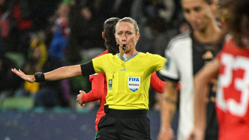 US referee Tori Penso disallows a goal for off-side during the Australia and New Zealand 2023 Women's World Cup Group H football match between Germany and Morocco at Melbourne Rectangular Stadium, also known as AAMI Park, in Melbourne on July 24, 2023. (Photo by WILLIAM WEST / AFP) (Photo by WILLIAM WEST/AFP via Getty Images)