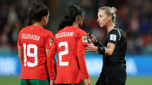 ADELAIDE, AUSTRALIA - AUGUST 08: Referee Tori Penso talks to Sakina Ouzraoui and Zineb Redouani of Morocco during the FIFA Women's World Cup Australia & New Zealand 2023 Round of 16 match between France and Morocco at Hindmarsh Stadium on August 08, 2023 in Adelaide, Australia. (Photo by Sarah Reed/Getty Images)