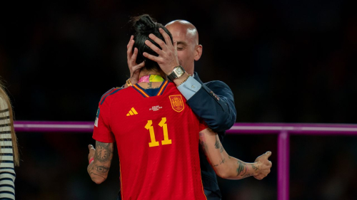 Luis Rubiales kisses Jennifer Hermoso during the medal ceremony following Spain's 1-0 win over England on Sunday.