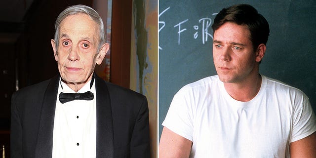 side by side photos of the real John Nash and Russell Crowe's portrayal of him