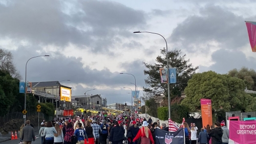 US fans march to Eden Park in Auckland on Tuesday, ahead of the game against Portugal. 