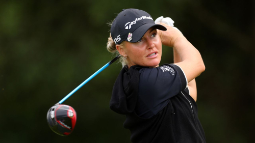 TADWORTH, ENGLAND - AUGUST 13: Charley Hull of England tees off on the 8th hole on Day Four of the AIG Women's Open at Walton Heath Golf Club on August 13, 2023 in Tadworth, England. (Photo by Andrew Redington/Getty Images)