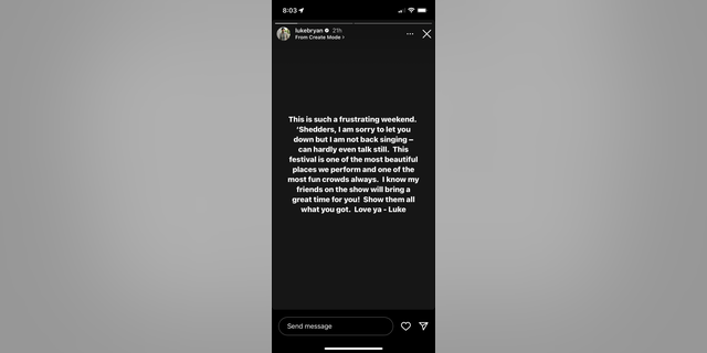 Text from Luke Bryan Instagram story about canceled show
