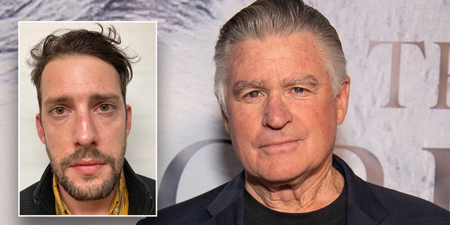 Treat Williams looks directly at the camera on the carpet, inset photo of Ryan M. Koss, charged with grossly negligent operation resulting in Williams' death