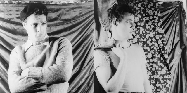 A side-by-side photo of a young Marlon Brando acting in front of a loose curtain