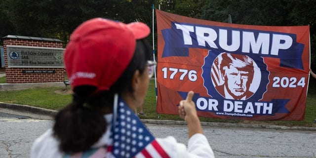 Trump supporter in Georgia in foreground, Trump banner in background