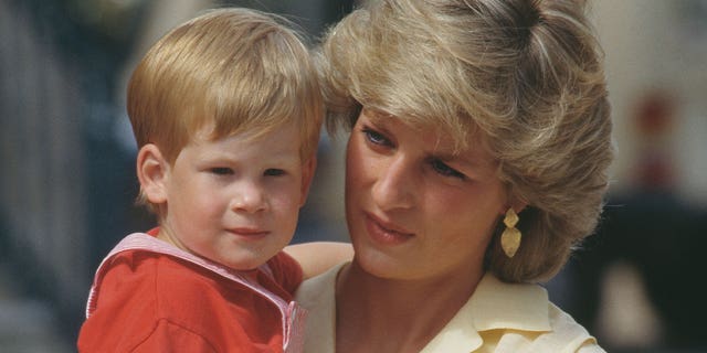 Princess Diana wears yellow blouse while holding Prince Harry as a toddler