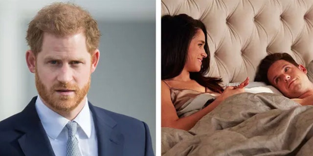 side-by-side photo of Prince Harry and photo of Meghan Markle and Patrick J. Adams in bed on "Suits"