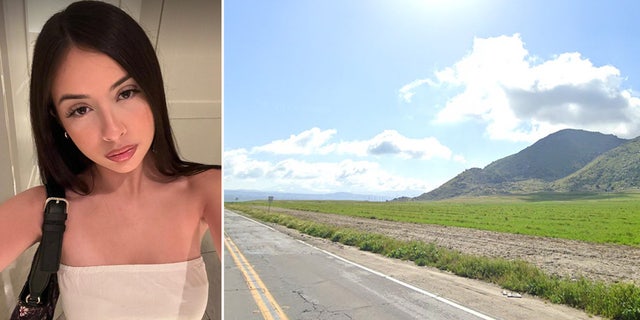 Brunette woman looks into camera next to a photo of a field and road in Moreno Valley.