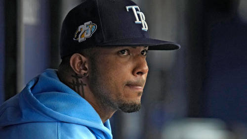 Tampa Bay Rays' Wander Franco watches from the dugout during the fifth inning of a baseball game against the Cleveland Guardians Sunday, August 13, 2023, in St. Petersburg, Fla.