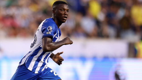 HARRISON, NEW JERSEY - JULY 28: Moises Caicedo of Brighton & Hove Albion looks on  during the Premier League Summer Series match between Brighton & Hove Albion and Newcastle United at Red Bull Arena on July 28, 2023 in Harrison, New Jersey. (Photo by Tim Nwachukwu/Getty Images for Premier League)