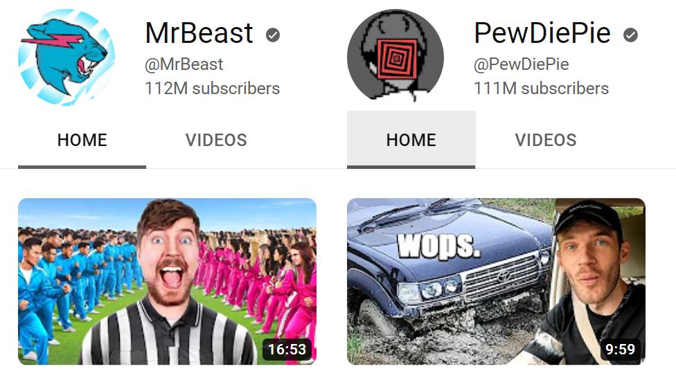 A screenshot of MrBeast and PewDiePie's channels, showing their subscriber numbers