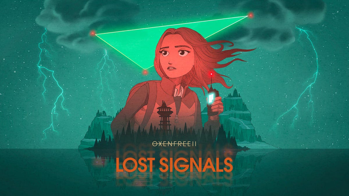 Title card for Oxenfree II: Lost Signals showing a woman beneath a triangle in the sky