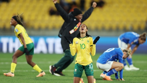 South Africa's players celebrate defeating Italy and advancing to the knockouts of the Women's World Cup.