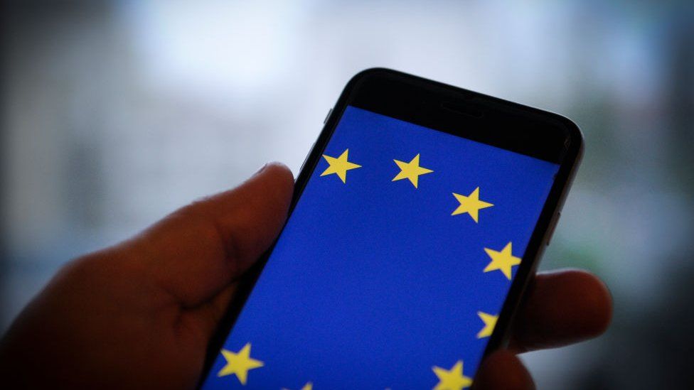EU flag on the screen of a smartphone