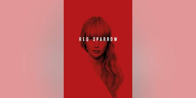 Poster of "Red Sparrow" with red shading over woman's face
