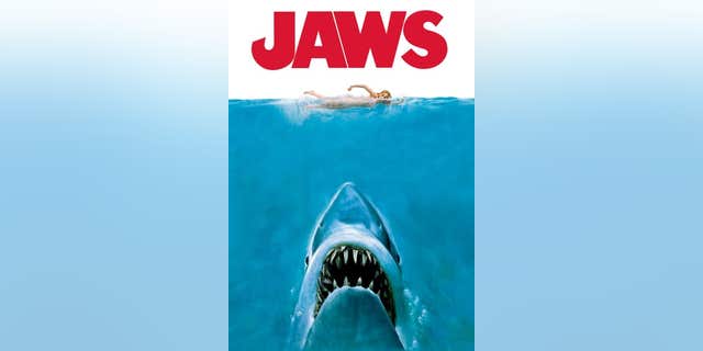 Movie poster with shark and title "Jaws"