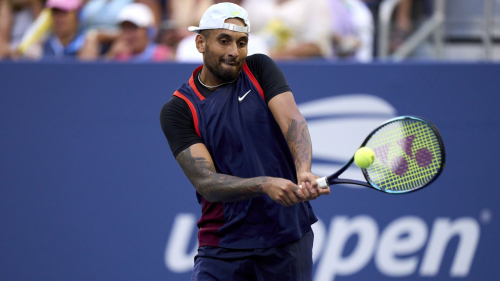 NEW YORK, NEW YORK - AUGUST 31: Nick Kyrgios of Australia returns a ball against Benjamin Bonzi of France in their Men's Singles Second Round match on Day Three of the 2022 US Open at USTA Billie Jean King National Tennis Center on August 31, 2022 in the Flushing neighborhood of the Queens borough of New York City. (Photo by Diego Souto/Quality Sport Images/Getty Images)
