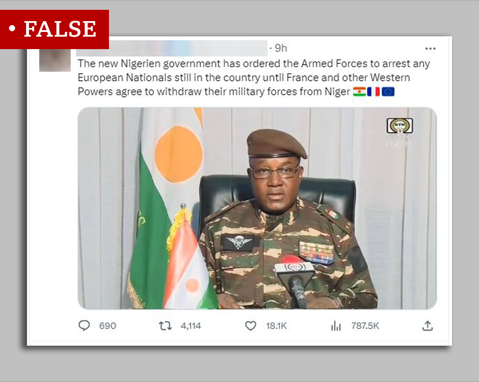 Screengrab of a tweet falsely claiming the army would detain foreigners