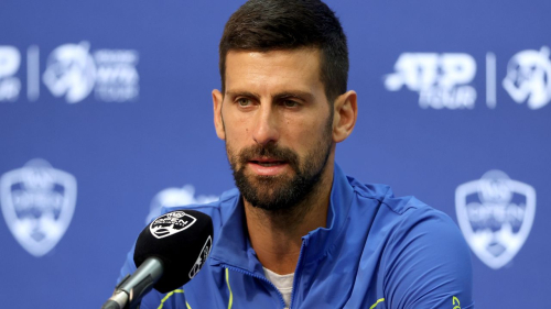 MASON, OHIO - AUGUST 13: Novak Djokovic of Serbia fields questions from the media during the Western & Southern Open at Lindner Family Tennis Center on August 13, 2023 in Mason, Ohio. (Photo by Matthew Stockman/Getty Images)