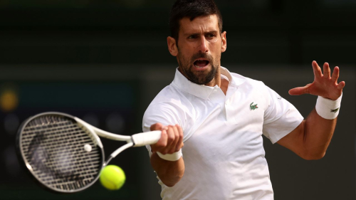 LONDON, ENGLAND - JULY 16: Novak Djokovic of Serbia in action against Carlos Alcaraz of Spain in the Men's Singles Final against  on day fourteen of The Championships Wimbledon 2023 at All England Lawn Tennis and Croquet Club on July 16, 2023 in London, England. (Photo by Julian Finney/Getty Images)